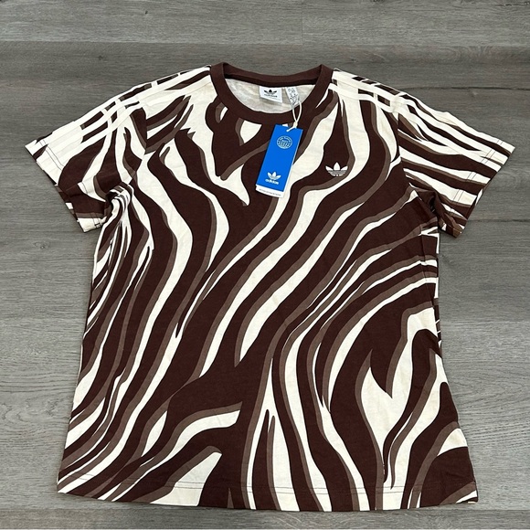 adidas Originals animal three stripe zebra print t-shirt brown Women’s Sz medium - Picture 2 of 9